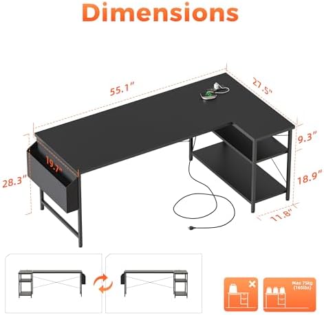 Mericonia 55 inch L Shaped Gaming Desk, Large Corner Desk with Shelves - Image 2