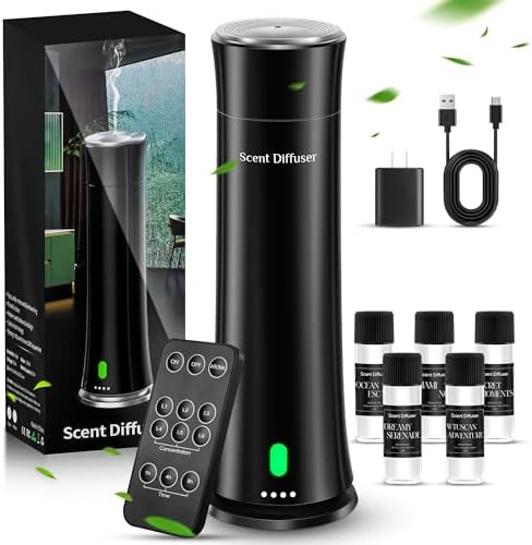 Waterless Scent Diffuser Kit — Covers 1,500 sq. ft. Suitable for Large Rooms, Home, Offices, and Hotels. Includes Five Essential Oils and Remote Control. Black by FLLUK