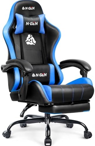 N-GEN GAMING Gaming Chair with Footrest, Lumbar Support, High-Back, Blue by N-GENGAMING