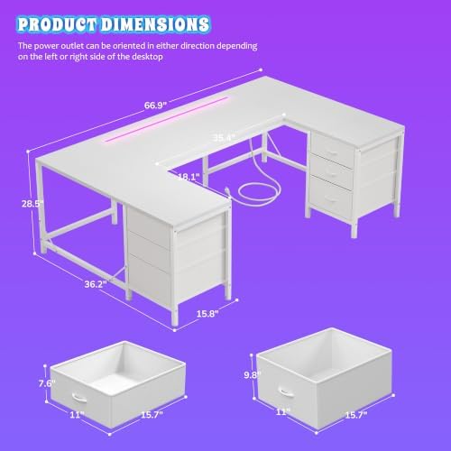DurayLoly 67" Large Gaming Desk with Power Outlets for Bedroom,White - Image 2