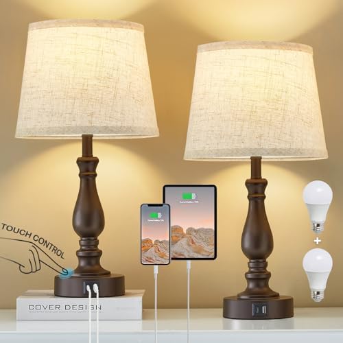 EJIAXIN Table Lamps for Bedrooms Set of 2 - Touch Bedside Lamps with USB C+A Ports - Dimmable Nightstand Lamps for End Tables Farmhouse Night Stand Lamps for Living Room Bed Side Guest Room by WelcometoEJIAXIN