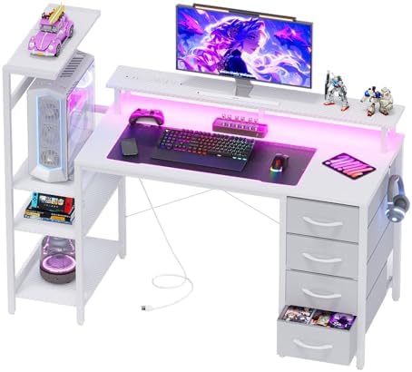 51in Gaming Computer Desk with Drawers & Power Outlet & LED Lights, White by APICIZON