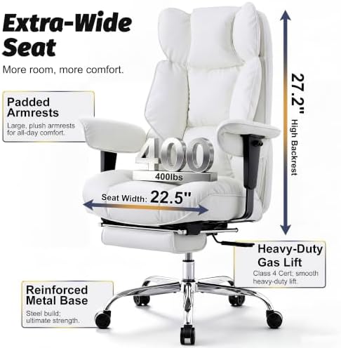 Efomao Executive Office Chair 400lbs,White Big and Tall Desk Chair - Image 3