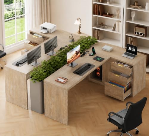 78.7" L-Shaped Office Desk with Drawers and File Cabinet Natural - Image 3