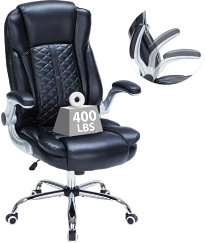 400lbs Executive Office Chair with Flip-Up Armrests, Big and Tall Computer Chair for Heavy People, Heavy Duty Ergonomic Comfy Chair, Breathable PU Leather (Black) by BUYNOW