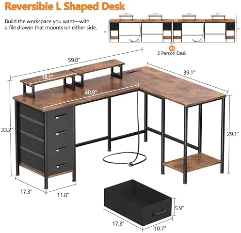 Korfile 59 inch L Shaped Computer Desk with Power Outlets, Rustic Brown - Image 3