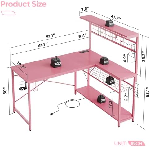 Bestier 51" L Gaming Desk with Power Outlets LED Lights, Carbon Fiber Pink - Image 2