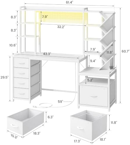 61.4" Computer Desk with Bookshelf, 5 Drawers, Desk with Hutch, Outlet, LED - Image 2
