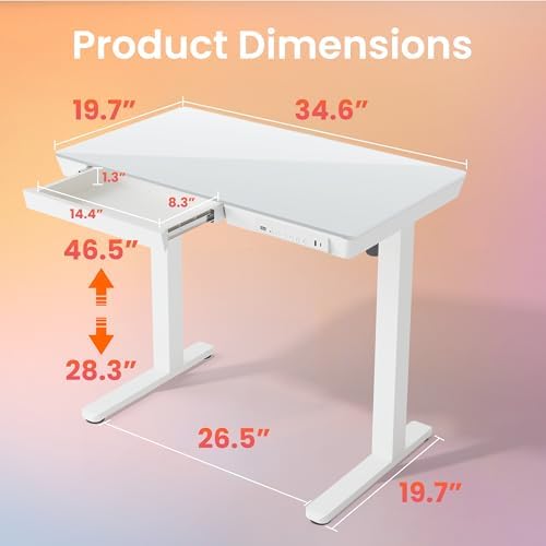 HUANUO Glass Standing Desk with Drawers, 35 X 20 Inch Electric Adjustable Height Desk, Quick Install One-Piece Tabletop with USB Charging Ports, White - Image 2