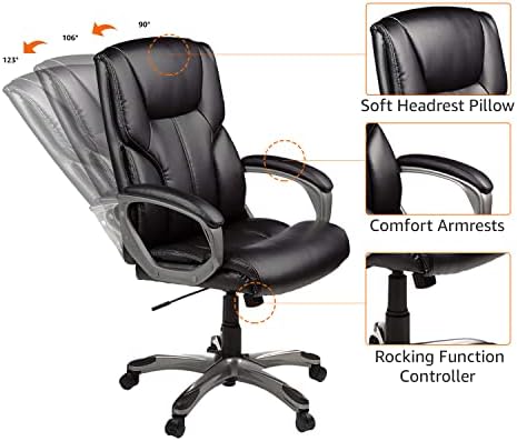 Amazon Basics Executive High Back Office Chair, Adjustable Height, Tilt, Swivel, Padded Seat, Bonded Leather, Wheels, Black/Silver - Image 5