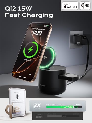 THREEKEY 4 in 1 Qi2 Magnetic Wireless Charging Station, 15W Fast Charger with Made for Apple Watch Charging Module, for iPhone 17–12 Series & AirPods, 65W Adapter Included - Image 4