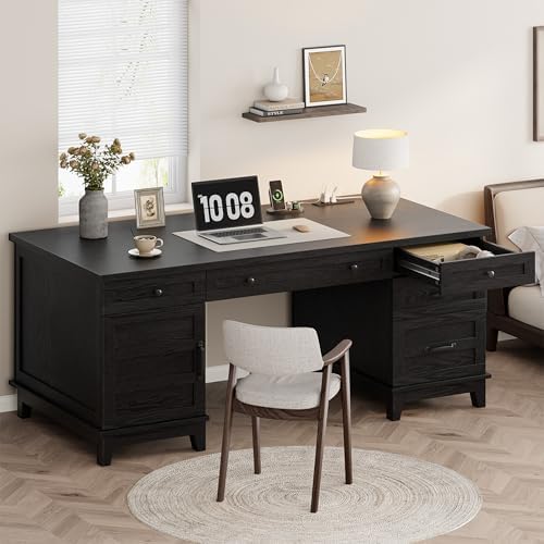 Garvee 60" Wooden Home Office Desk with File Drawers, Executive Desk with Adjustable Cabinet, Farmhouse Wood Desk with Power Outlet, Distressed Study and Work Table, Rustic Black by Garvee
