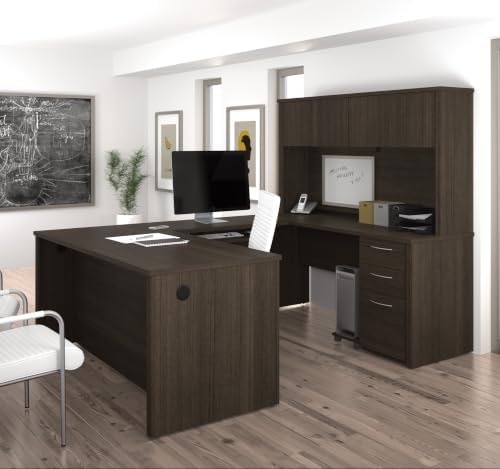 Bestar Embassy 66W U-Shaped Executive Desk with Pedestal and Hutch in Dark Chocolate - Image 2