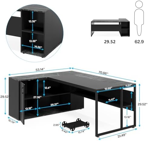 Tribesigns 71 inch Executive Desk, L Shaped Desk with Cabinet Storage, Executive Office Desk with Shelves, Business Furniture Set Workstation for Home Office, Black - Image 2
