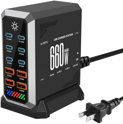 10-Port GAN Charging Station 660W, Dual 140W USBC Power Block Multiport by PEAKINGTECH