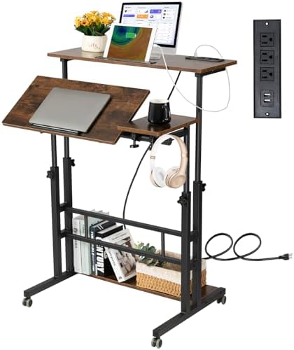 Hadulcet Mobile Standing Desk Adjustable Height, Rolling Desk Stand Up Desk, Mobile Laptop Desk, Rolling Computer Desk with Charging Station, Portable Desk with Wheels, Rustic Brown by Hadulcet