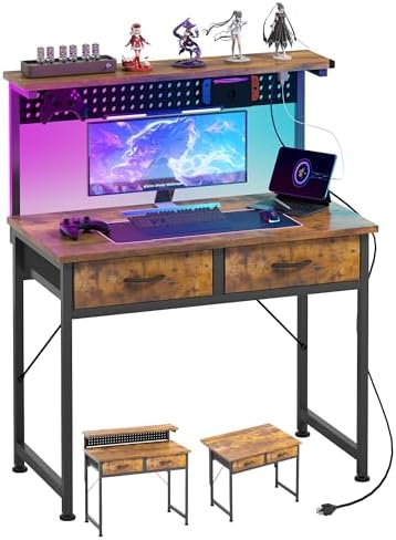 MUTUN Small Desk with Drawers, 31 Inch Computer Desk with Power Outlet & LED Light, Gaming Desk with Adjustable Monitor Stand & Pegboard, Modern PC Study Writing Table for Bedroom, Rustic Brown by MUTUN
