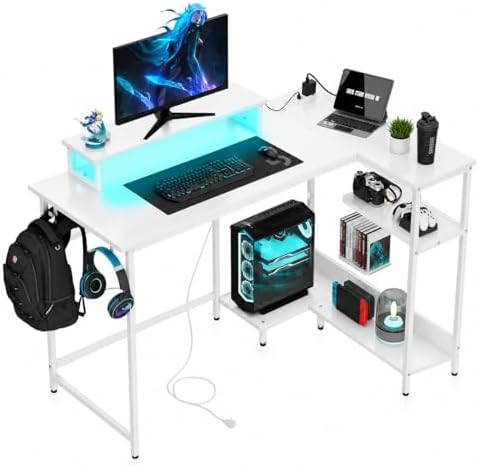 DEVAISE 47" L Shaped Gaming Desk with LED Lights and Power Outlets - Spacious Corner Computer Table with Monitor Stand and Storage Shelves for Work and Gaming, White by DEVAISE