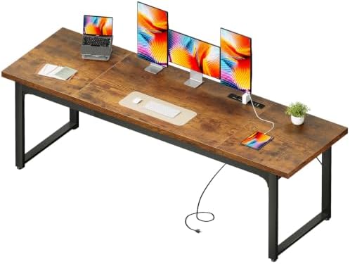 Coleshome 79 Inch Long Computer Desk with Power Outlet, Thicker Desktop & Legs, Large Heavy Duty Office Desk for Home Office & Gaming, Rustic Brown by Coleshome