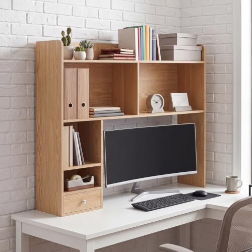 Cinnvoice Natural Desktop Bookshelf Countertop Storage Hutch with Drawer for Computer Desk 5-Tier Display Rack Multipurpose Wood Desktop Hutch Storage Organize for College Dorm Home Office Supply - Image 2