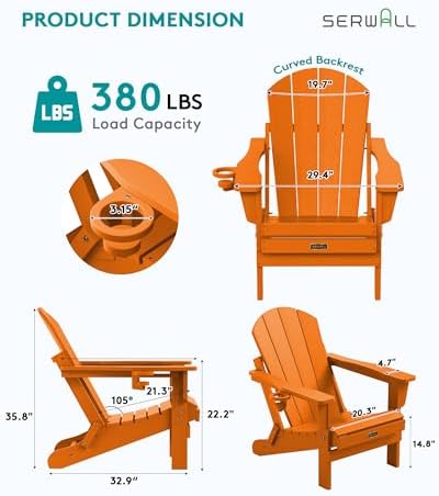 SERWALL Folding Adirondack Chairs with Cup Holder, Fire Pit Chair -Orange - Image 3
