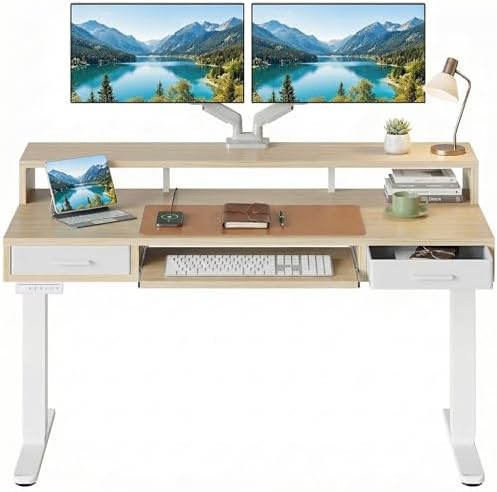 HUANUO 55″ x 26″ Electric Standing Desk with 2 Drawers &24.4″ Large Keyboard Tray, C-Clamp Mount Compatible, Adjustable Computer Desk for Office, Sit Stand Up Desk with 4 Height Presets, Light Walnut by HUANUO
