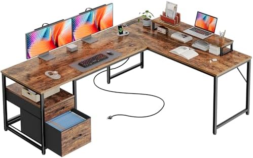PRAISUN 63 Inch L Shaped Desk with Power Outlets and USB-C Port, Computer Corner Home Office Desk with File Fabric Drawers and Movable Monitor Stand, Larger Storage, Gaming, Writing, Rustic Brown by PRAISUN