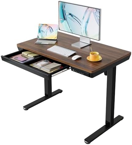 HUANUO Electric Standing Desk with Drawers, 40 X 24 Inch Electric Adjustable Height Desk, Quick Install One-Piece Tabletop with USB Charging Ports, Sit to Stand Up Desk for Home Office, Black Walnut by HUANUO