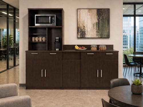 BREAKtime Breakroom Cabinet with 4-Door Storage, Trash Bin Compartment & Upper Hutch, Microwave Space, Fully Assembled, 90" W x 24" D x 75" H, Trash Bin Included, Appliances Not Included, Espresso - Image 2