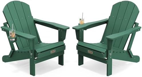 SERWALL Folding Adirondack Chair Set of 2 with Cup Holder, Fire Pit -Green by SERWALL