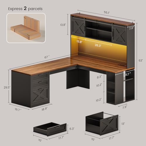 SEDETA 67" Farmhouse L Shaped Desk with Hutch, Black+Brown - Image 2