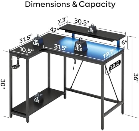 Pinmoco 42" Reversible L-Shaped Desk, Gaming Desk with LED Lights, Monitor Stand, Cup Holder and Headset Hook, Corner Work Station for Home Office, Study and Small Spaces, Carbon Fiber Black - Image 2