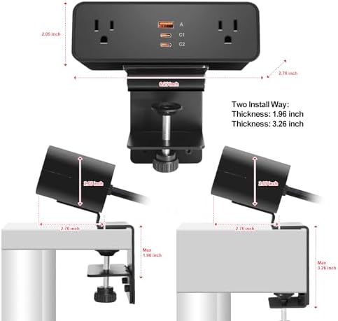 Desk Clamp Power Strip USB C 100W, Desktop Edge Mount Fast Charge Station 3 PD USB Port 2 AC Outlets 6ft Braided Extension Cord Flat Plug Fit Max 3.26’’ Tabletop Edge for Gaming Office Table. - Image 5