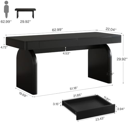 Tribesigns Black Desk with Drawers, 63-Inch Modern Elegant Glossy Executive Office Desk, Simple Work Study Writing Table for Home Office, Black - Image 2