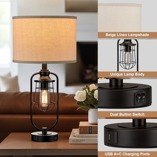 24" Farmhouse Black Table Lamps Set of 2 for Living Room, USB A+C - Image 5