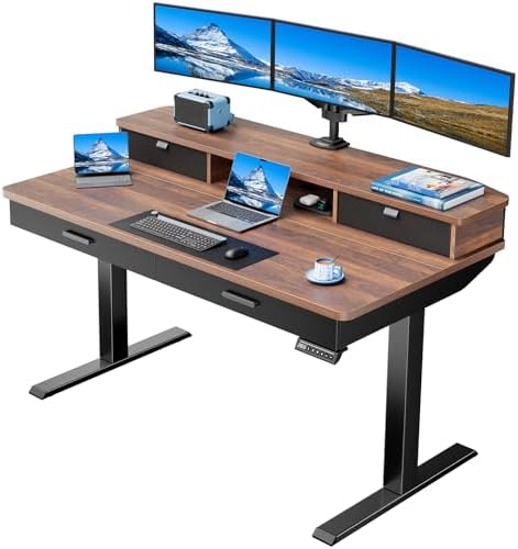 HUANUO 55 x 30 inch Electric Standing Desk with 4 Drawers, Walnut by HUANUO