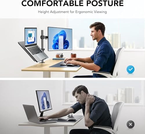 HUANUO Adjustable Monitor Arm with Laptop Tray, Single Desk Mount for 13-32" VESA Monitors up to 22 lbs, 14" x 12" Laptop Tray - Image 5