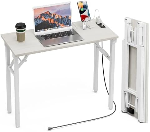 TEMI Small Computer Desk Folding Table - No Assembly, Compact 35.8" Foldable Desk with Power Outlets & USB Charging Port, Portable Small Office Desk, Ideal Mini Study Table for Narrow Spaces,White Ash by TEMI