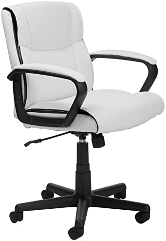 Amazon Basics Office Task Chair with Adjustable Height, 360° Swivel, Padded Armrests, Mid-Back, 275 Pound Capacity, BIFMA Certified, 24.2"D x 24"W x 38.6"H, White Faux Leather by AmazonBasics