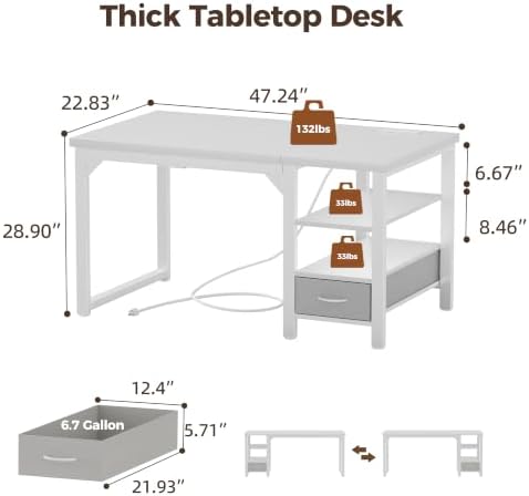 Mericonia 48" Computer Desk with Drawer, 1.2" Thick Reversible Office Desk - Image 3