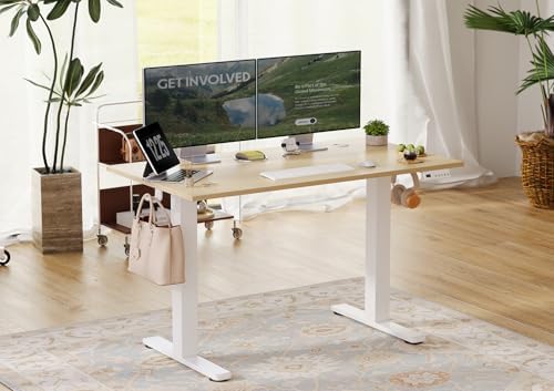 Seang Electric Standing Desk Adjustable Height, 40 x 24 Inch Sit Stand Desk with T-Shaped Frame, 3 Memory Presets & Cable Management for Home Office Computer Workstation, White Frame/Nature Top - Image 2