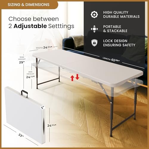 5.5 Feet ADJUSTABLE Foldable Table with Built in Handle & Steel Legs | 5.5FT Heavy Duty Folding Portable | Perfect for Party, Dining, Wedding, Events, Picnic Indoor, Outdoor, Camping, Utility, Folding - Image 2