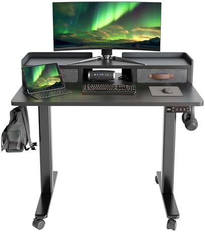 Claiks Standing Desk with Drawers, Adjustable Stand Up Electric Small Standing Desk Adjustable Height with Storage Shelf and Splice Board, 40 Inch, Black by CLAIKS