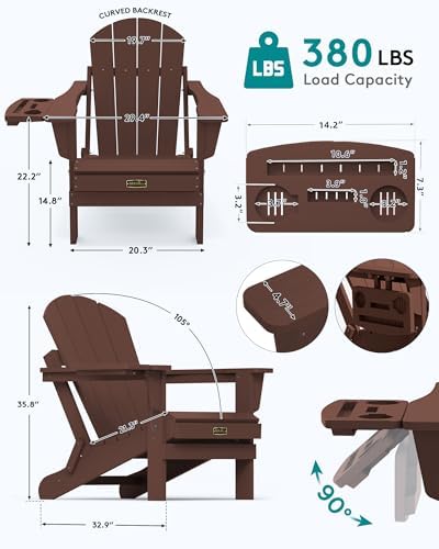 SERWALL Folding Adirondack Chair with Cup Holder, Outdoor Patio Chair, Coffee, Set of 2 - Image 2