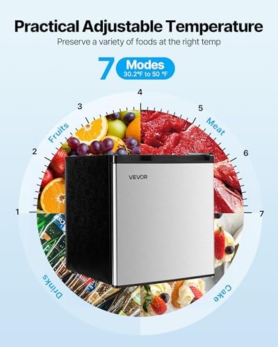 VEVOR Mini Fridge with Freezer, 1.6 Cu.Ft Compact Refrigerator, 7 Mode Adjustable Temperature, Energy Efficient Small Refrigerator, Reversible Door, Low Noise, for Bedroom, Office, Brushed Stainless - Image 4