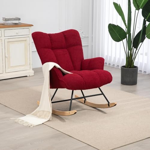 SAETSFEG Rocking Chair Nursery Teddy Upholstered Glider Rocker Rocking Accent Chair Padded Seat with High Backrest Armchair Comfy Side Chair for Living Room Bedroom Offices (Burgundy Teddy) by SAETSFEG