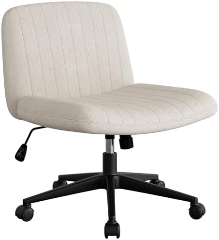 SUNLEI Cross Legged Office Chair with Wheels, Armless Wide Chair's for Vanity Desk, Criss Cross Comfy Chairs with Back, Desk Chair/s of Height Adjustable Swivel, White by SUNLEI