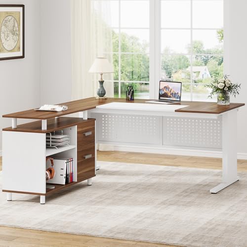 Tribesigns 63 Inch Executive Desk with File Cabinet, L Shaped Office Desk with Drawers and Storage Shelves, Business Furniture Set Workstation for Home Office, White and Walnut - Image 5