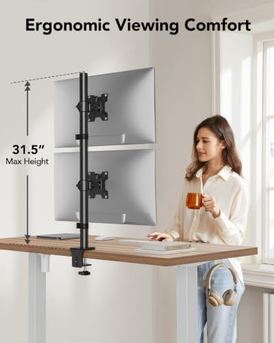 HUANUO Vertical Dual Monitor Mount, Stacked Monitor Stand for 2 Monitors with Height Adjustment Computer Monitor Arm Supports Two 17 to 32 Inch with C Clamp Each Desk Mount Hold up to 17.6lbs - Image 5