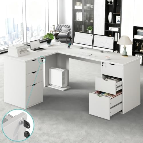 66" L Shaped Desk with 6 Lockable Drawers, White Corner Executive Desk by Unknown